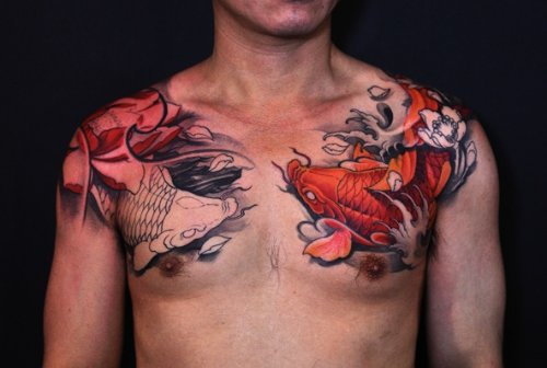 Carp Fish Tattoos On Man Chest